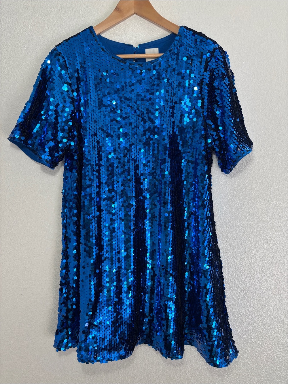 Maeve Emmy Short Sleeve Sequin Swing Mini Dress Royal Blue Size Medium | Pockets